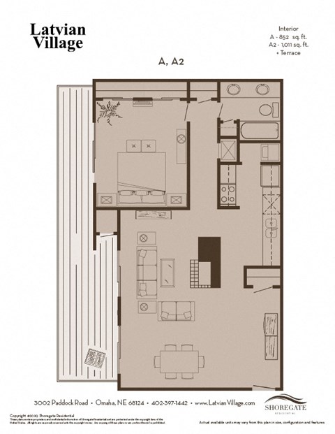 Floor plan for 1 bed, 1 bath, 1011 sqft